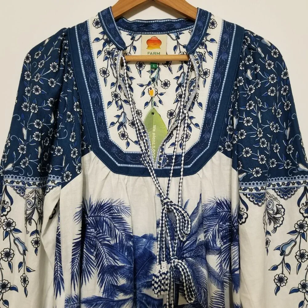 NWT FARM‎ Rio Palm Tree Beach Linen Blend Mini Dress Off White Blue Size S $230